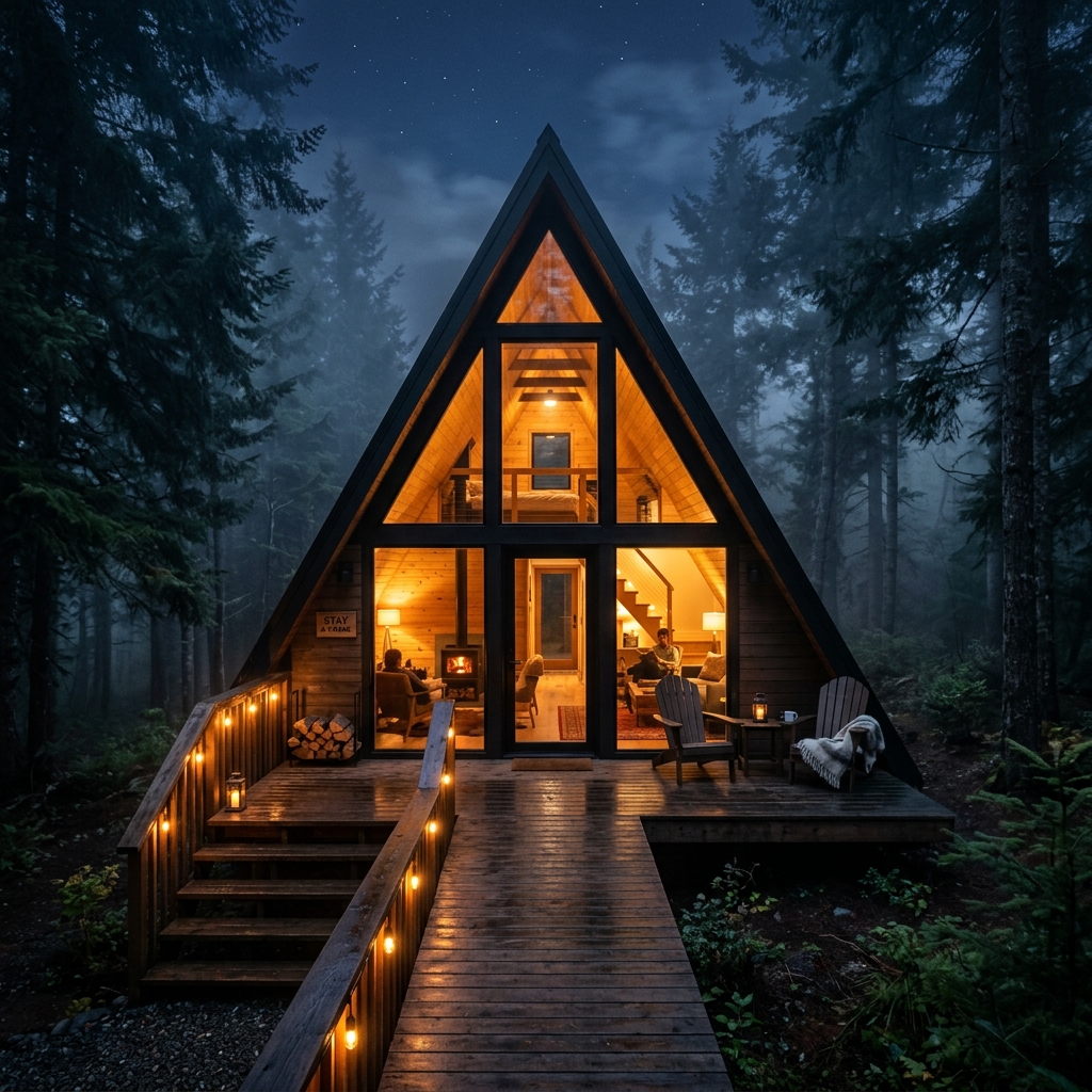 A-frame cabin glowing in a forest